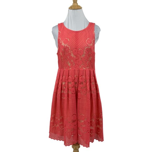 Free People Rocco Lace Dress Womens 6 Pink Crochet Cutout Back Lined Fit Flare - Picture 1 of 16